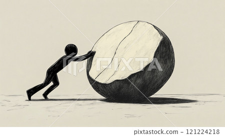 手繪鉛筆畫壹個努力向前推石頭的抽象化小人 121224218