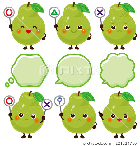 A green pear character holding a circle, cross, or triangle card A green pear character holding a circle, cross, or triangle card 121224710