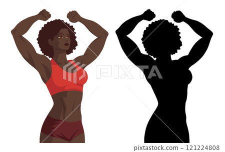 Vector set of African women bodybuilder in retro style and black silhouette. Female power. Collection of strong muscular women. Vector set of African women bodybuilder in retro style and black silhouette. Female power. Collection of strong muscular women. 121224808