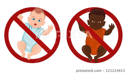 Vector set of icons with newborn baby in prohibition sign. Not intended for newborn children. Infants in ban. 121224813