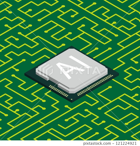 Isometric computer microchip for training artificial intelligence program embedded in chip with contact tracks. 3D vector isolated on green background top view at an angle 121224921