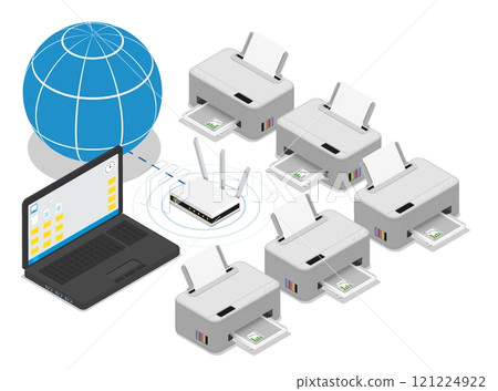 Isometric inkjet printers united into single network. Printing documents in office of industrial printing house using copiers. Realistic 3D vector concept isolated on white background 121224922