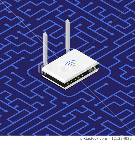 Isometric wireless WiFi router device in center of motherboard with labyrinth of contact tracks. Transmission of signal in network. 3D vector isolated on blue background top view at an angle Isometric wireless WiFi router device in center of motherboard with labyrinth of contact tracks. Transmission of signal in network. 3D vector isolated on blue background top view at an angle 121224923