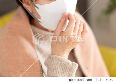 Middle-aged to senior women wearing masks in a winter room Middle-aged to senior women wearing masks in a winter room 121225039