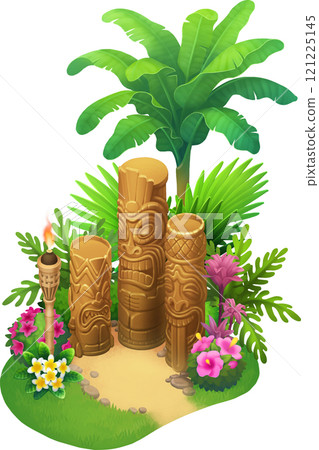An isometric traditional wooden tiki statues 121225145