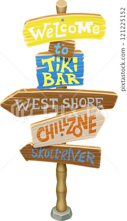 Directional wooden signpost arrows in a traditional Hawaiian style 121225152