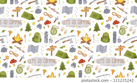 Vector Camping Seamless Pattern. Backpacking and Hiking Colorful Doodle Background. Local Tourism Vector Camping Seamless Pattern. Backpacking and Hiking Colorful Doodle Background. Local Tourism 121225242