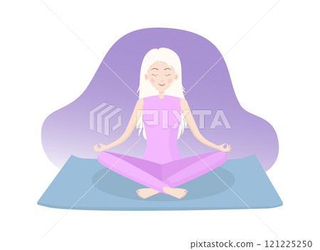 Young slim blond girl meditates alone sitting on a yoga mat in Lotus position isolated editable illustration Young slim blond girl meditates alone sitting on a yoga mat in Lotus position isolated editable illustration 121225250