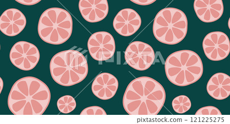 Grapefruit seamless pattern. Bright colorful pink and green endless background with citrus fruit. Juicy fruits template 121225275