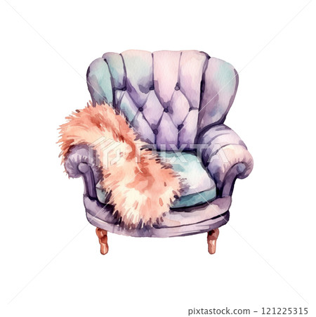 Watercolor cute beige fur blanket on a soft violet vintage armchair, isolated on white background Watercolor cute beige fur blanket on a soft violet vintage armchair, isolated on white background 121225315