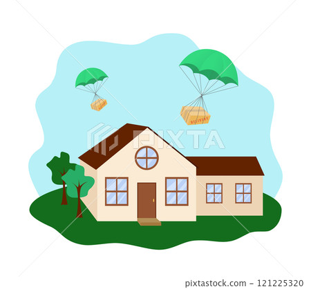 Contactless home delivery with parachute color illustration. Flat design on white background. Contact free delivery 121225320
