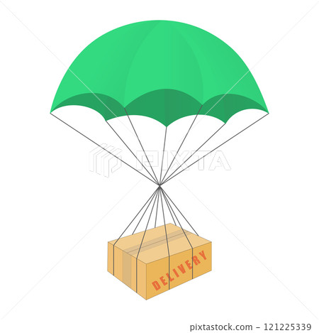 Contactless delivery of box with parachute color illustration. Isolated icon on white background. Contact free delivery 121225339