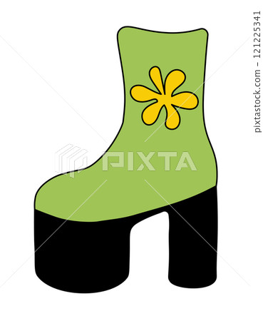 Trendy 1980 retro disco green boot with flower. Vintage shoe. Vector flat illustration. 121225341