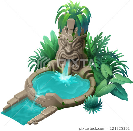 An ancient fountain shaped like a tiki head sculpture An ancient fountain shaped like a tiki head sculpture 121225391