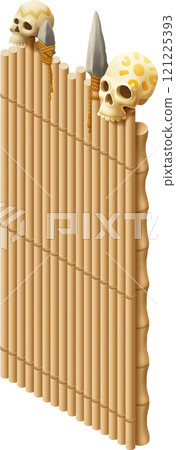 Stylized bamboo fence decorated with skulls and spearheads. Stylized bamboo fence decorated with skulls and spearheads. 121225393