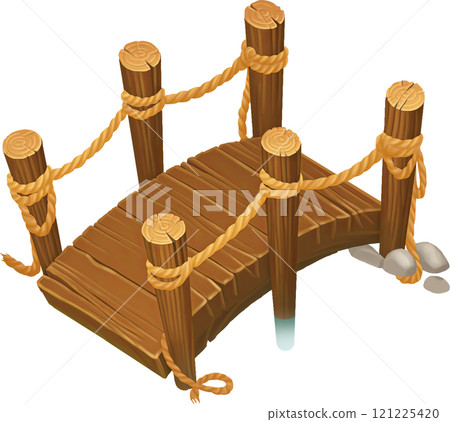 A crudely made bridge of wooden planks and ropes. 121225420