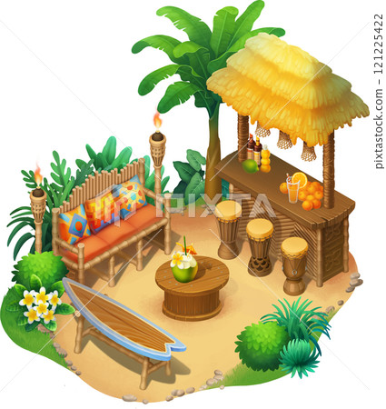 Isometric scene with a tiki bar and some furniture on a sand 121225422