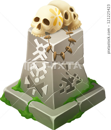 Isometric tiki altar or a grave with ancient symbols and two skulls 121225423