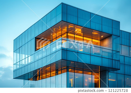 Tall building with a glass facade and a balcony, lit up with a warm glow, giving it a welcoming and inviting appearance 121225728