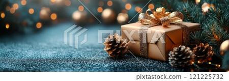 Christmas gold wrapped gift box with ribbon on blue background with copy space. Banner is joyful and celebratory 121225732