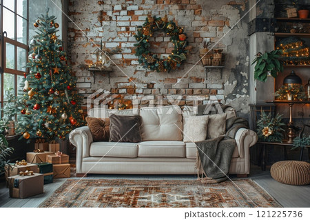 Loft living room with white couch, wreath on brick and Christmas tree 121225736