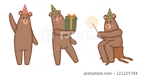 Three bears in party hats enjoying a celebration with gifts and sparklers. Whimsical woodland illustration for festive and playful projects. Perfect vector art for birthday themes or party decorations 121225784