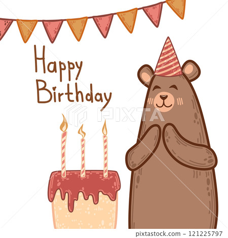 Smiling bear with folded paws next to a birthday cake and candles. Playful birthday vector art with party elements like hats and banners. Cute woodland character in a festive illustration for birthday Smiling bear with folded paws next to a birthday cake and candles. Playful birthday vector art with party elements like hats and banners. Cute woodland character in a festive illustration for birthday 121225797