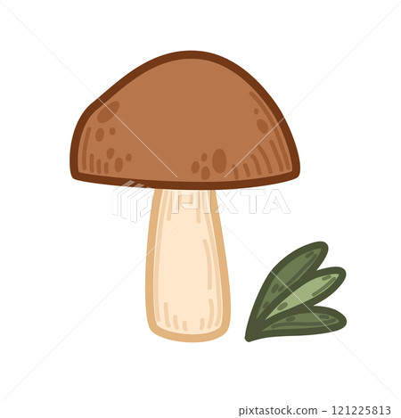 Simple brown mushroom illustration with a smooth beige stem and leafy accent. Vector illustration in simple cartoon style. Ideal for party invitations, storytelling visuals, or botanical projects Simple brown mushroom illustration with a smooth beige stem and leafy accent. Vector illustration in simple cartoon style. Ideal for party invitations, storytelling visuals, or botanical projects 121225813