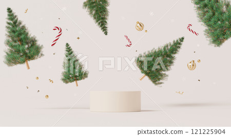 3D render, Merry Christmas and happy new year background with podium and falling mini Christmas trees with golden ornaments, candy canes, and snowflakes. 3D render, Merry Christmas and happy new year background with podium and falling mini Christmas trees with golden ornaments, candy canes, and snowflakes. 121225904
