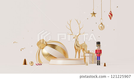 3D render, Merry Christmas and happy new year background with podium display platform, Gold Christmas ornaments, reindeer, nutcracker, and festive decorations. 3D render, Merry Christmas and happy new year background with podium display platform, Gold Christmas ornaments, reindeer, nutcracker, and festive decorations. 121225907