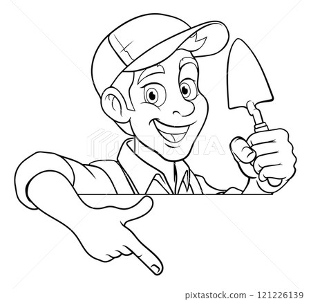 Brick Layer Mason Builder Cartoon Man Pointing Brick Layer Mason Builder Cartoon Man Pointing 121226139