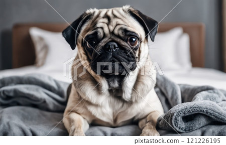 Cute wet pug dog sitting after shower in grey towel on bed, pets grooming and washing. AI Cute wet pug dog sitting after shower in grey towel on bed, pets grooming and washing. AI 121226195