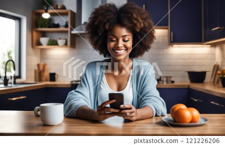 African American smiling girl using smartphone on modern kitchen at home, pressing finger, reading social media internet, typing text or shopping online, mobile phone on two hands. AI 121226206