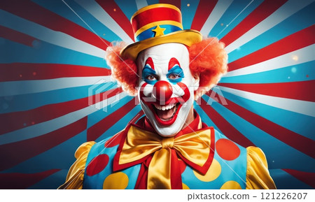 Portrait of funny face clown man in colorful uniform standing in front of festive background. Happy expression man bozo in various pose with circus lights behind his back. AI 121226207