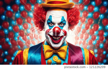 Portrait of funny face clown man in colorful uniform standing in front of festive background. Happy expression man bozo in various pose with circus lights behind his back. AI 121226209