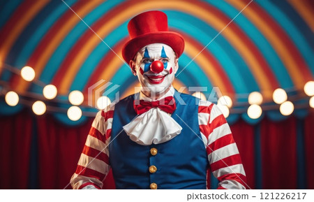 Portrait of funny face clown man in colorful uniform standing in front of festive background. Happy expression man bozo in various pose with circus lights behind his back. AI Portrait of funny face clown man in colorful uniform standing in front of festive background. Happy expression man bozo in various pose with circus lights behind his back. AI 121226217