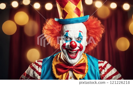 Portrait of funny face clown man in colorful uniform standing in front of festive background. Happy expression man bozo in various pose with circus lights behind his back. AI Portrait of funny face clown man in colorful uniform standing in front of festive background. Happy expression man bozo in various pose with circus lights behind his back. AI 121226218