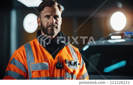 Portrait of male EMS paramedic proudly standing in front of camera in high visibility medical uniform/ Successful Emergency medical technician or doctor at work. AI 121226222