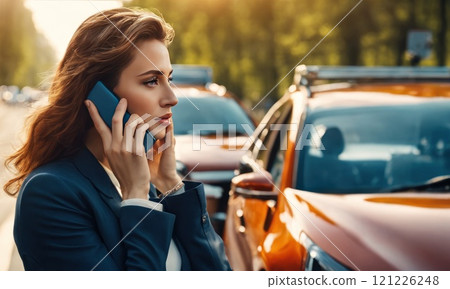 Scared woman in stress portrait near auto crash calling to auto insurance for help. Driver woman crying in front of wrecked car in car accident. Dangerous road traffic situation. AI 121226248
