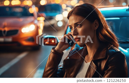 Scared woman in stress portrait near auto crash calling to auto insurance for help. Driver woman crying in front of wrecked car in car accident. Dangerous road traffic situation. AI 121226250