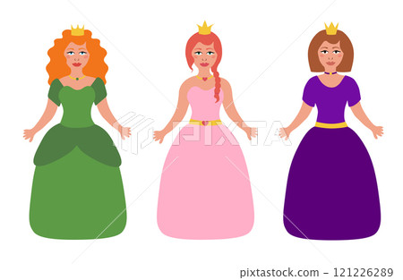 Set of beautiful fairy tale princess on white background. Children illustration. Vector Flat. 121226289