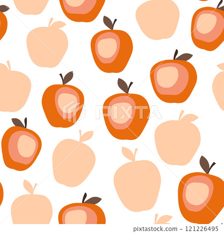 Seamless pattern with apple on color background. Natural delicious fresh ripe tasty fruit. Vector illustration for print, fabric, textile, banner, design. Stylized apples with leaves. Food concept Seamless pattern with apple on color background. Natural delicious fresh ripe tasty fruit. Vector illustration for print, fabric, textile, banner, design. Stylized apples with leaves. Food concept 121226495