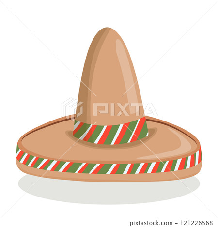 Mexican ethnic sombrero hat isolated element. Vector drawing illustration for icon, game, packaging, banner. Wild west, Mexico concept. Traditional Mexican wide brimmed hat 121226568
