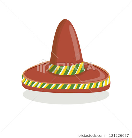 Mexican ethnic sombrero hat isolated element. Vector drawing illustration for icon, game, packaging, banner. Wild west, Mexico concept. Traditional Mexican wide brimmed hat Mexican ethnic sombrero hat isolated element. Vector drawing illustration for icon, game, packaging, banner. Wild west, Mexico concept. Traditional Mexican wide brimmed hat 121226627