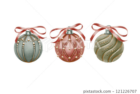 Vintage Christmas tree balls are covered with velvet, decorated with beads and gold threads with red ribbon in a bow for decorating holiday cards,invitations.Watercolor set on transparent background Vintage Christmas tree balls are covered with velvet, decorated with beads and gold threads with red ribbon in a bow for decorating holiday cards,invitations.Watercolor set on transparent background 121226707