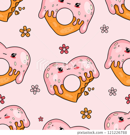 Seamless pattern with cute gingerbread heart with drops of glaze on pink background with flowers. Funny romantic kawaii cartoon character sweet food. Vector illustration. Seamless pattern with cute gingerbread heart with drops of glaze on pink background with flowers. Funny romantic kawaii cartoon character sweet food. Vector illustration. 121226788
