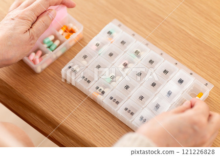 中高級婦女手拿著藥盒裡的常規藥物 121226828