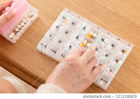中高級婦女手拿著藥盒裡的常規藥物 121226829