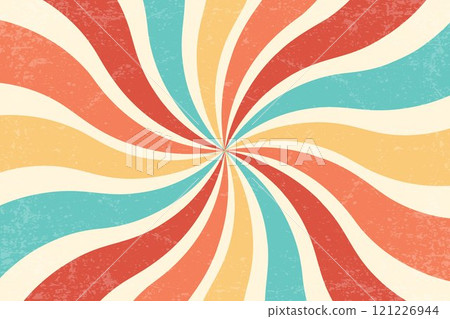 Spiral retro pattern background. Swirl groovy vector sun rays. Psychedelic radial burst with grunge texture. 70s starburst hypnotic illustration. Vintage circular abstract colorful bg. 121226944