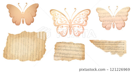 Set Butterfly silhouette papercut from parchment with music vintage decoration scrapbook element isolated on white background. 121226969